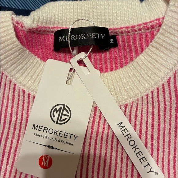 Chic Pink and White Striped Crew Neck Sweater - Picture 2 of 9